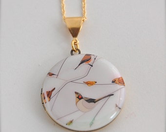 Art Locket Vintage Inspired Abstract Birds on Branches Necklace