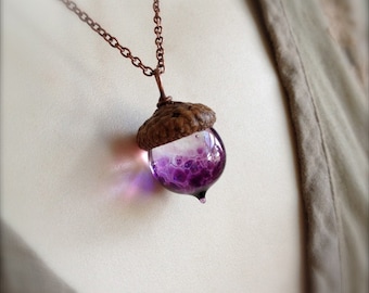 Glass Acorn Necklace in Speckled African Violet Purple by Bullseyebeads