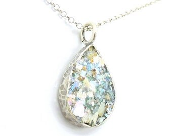 Drop necklace, sterling silver pendant with 2000 year old roman glass