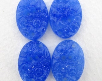 Vintage Flower Cabochon Cobalt Blue Glass Carved Japan 18x13mm gcb1008 (4)