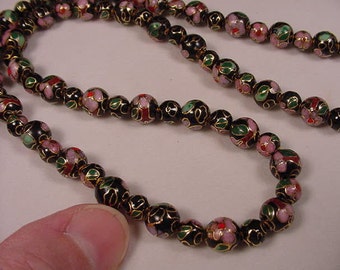 Black Cloisonne Beads pink flower flowers 20 inch long beaded Necklace jewelry V262