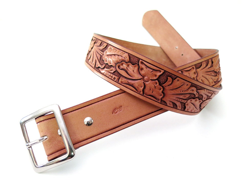 Tooled Western Wild Rose Floral Leather Belt Custom Etsy