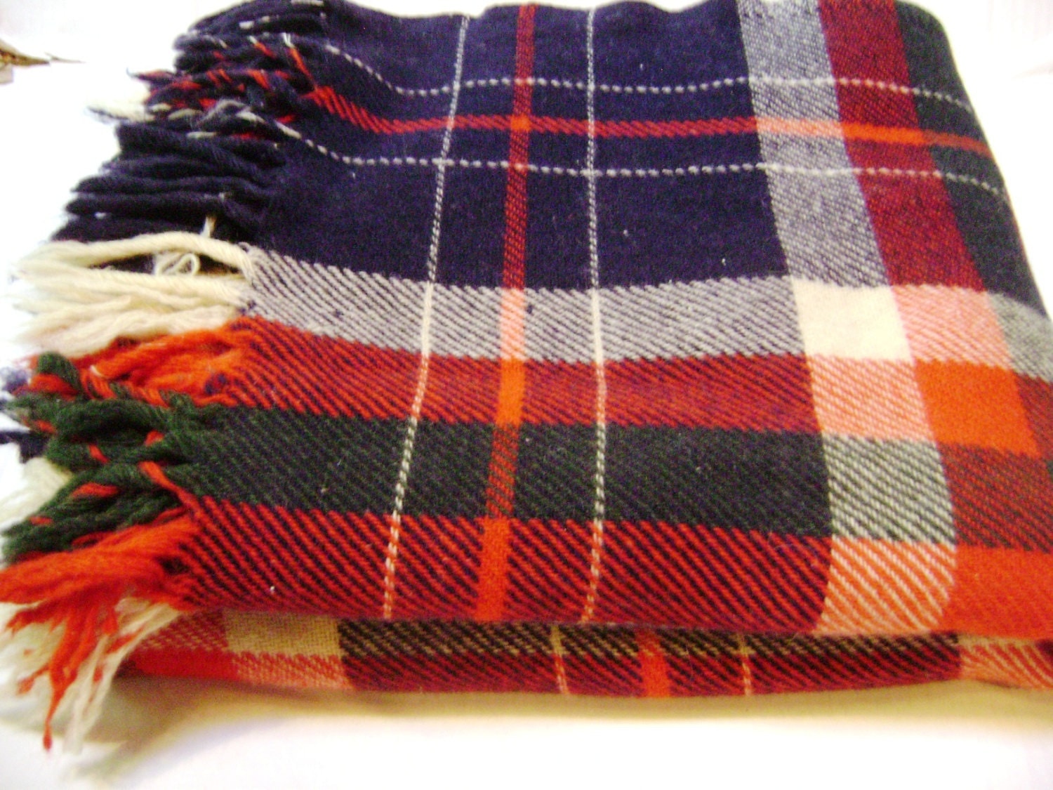 Vintage Plaid Wool Stadium Blanket Red White Green Blue Gold