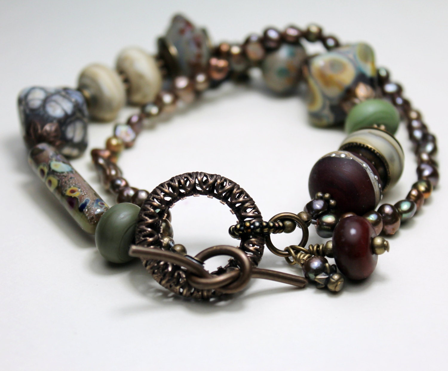 Lampwork Bracelet with Vintaj Antique Brass Bronze Brown Green