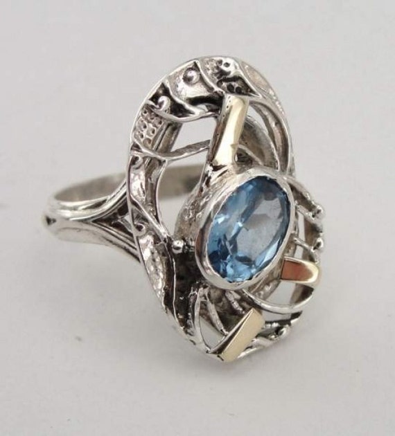 Handcrafted 9K Gold Sterling Silver Blue Topaz Ring size 6 s