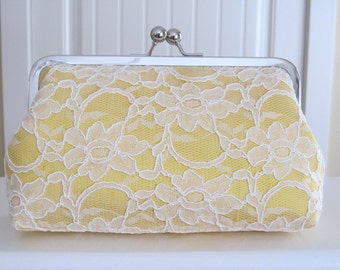 Bridal Silk And Lace Clutch Yellow, Wedding Clutch, Lace Clutch, Bridal Clutch, Bridesmaid Clutches