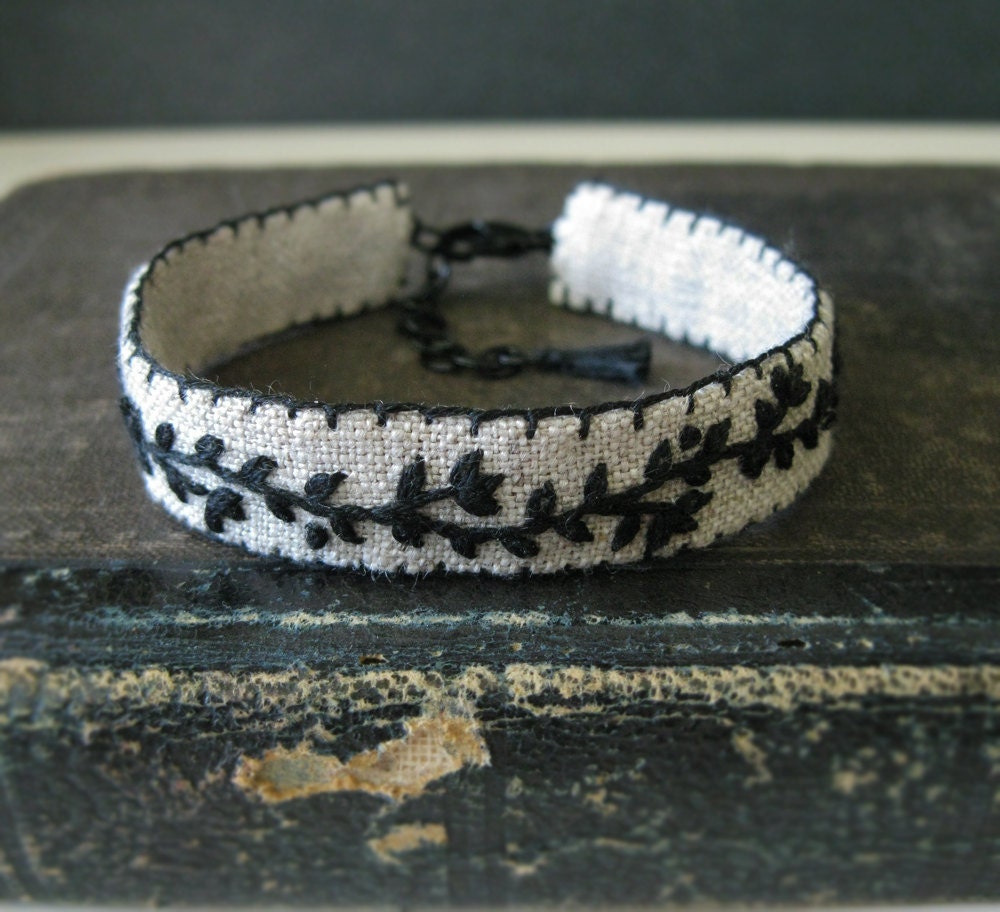 Embroidery Cuff Bracelet Hand Embroidered Black Vine on