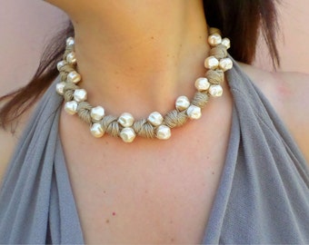 pearl necklace cord necklace beaded necklace linen necklace white pearl jewelry pearl on cord necklace pearl jewelry bride necklace