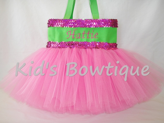 Monogrammed Lime and Hot Pink Double Sequins Tutu Tote Bag - Personalized Tutu Bag