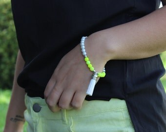 Neon yellow and Pearl tassel bracelet
