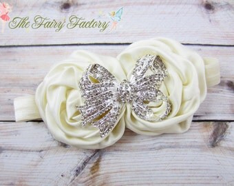 Ivory Flower Headband, Ivory Satin Rosette Duo w/ Rhinestone Bow Headband, Baptism, Christening, Wedding, Baby Toddler Child Girls Headband