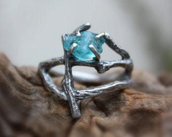 Rough apatite statement branch ring raw gemstone uncut natural twig sterling silver statement made to order