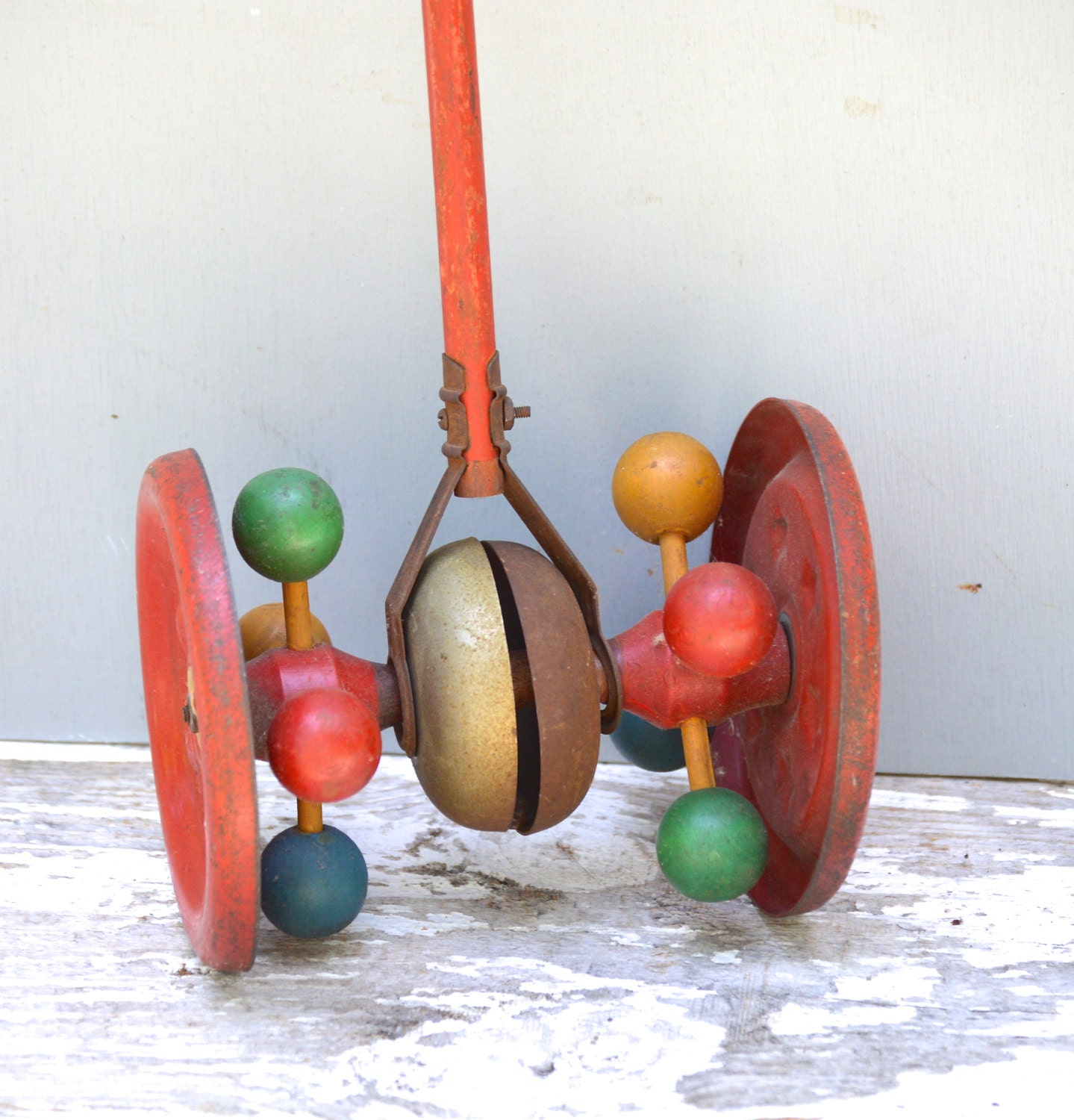 Antique Vintage Handled Push Bell Chime Toy Going Bell Style