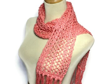 Sale Coral Beauty Scarf, Knit Scarf, Hand Knit Scarf, Lacy Scarf, Mothers Day, Spring Scarf, Mother's Day, Gift For Her, Fashion Scarf