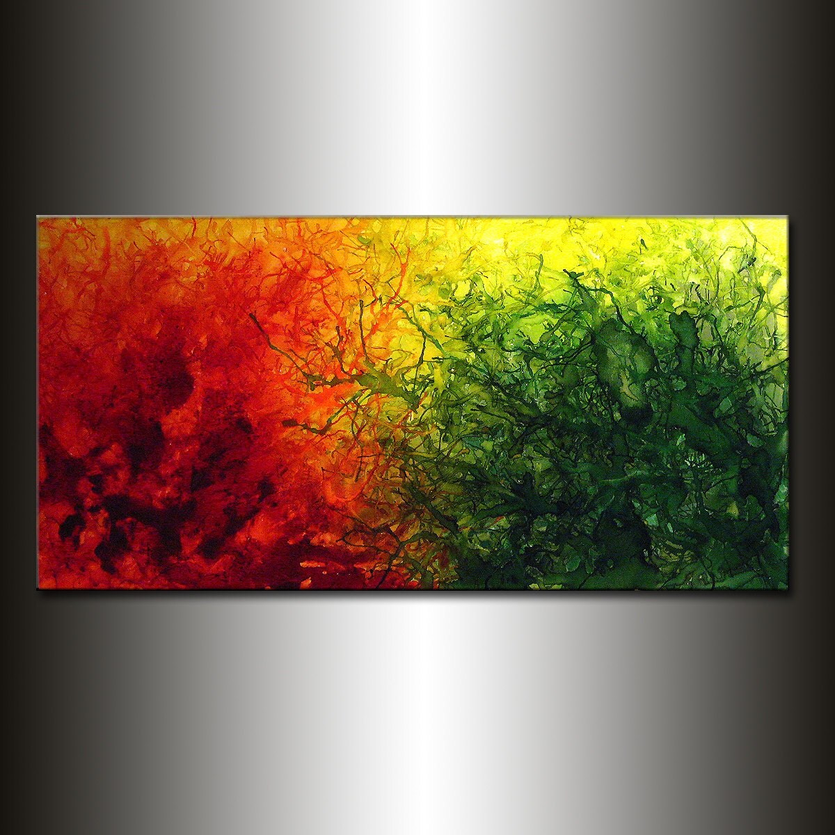 Abstract Canvas Painting Green Red Yellow Original