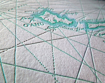 Hawaiian Islands, Letterpress printed Map Print (Light Blue)