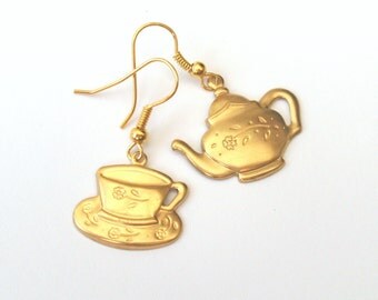 Mismatched Earrings, Time for Tea Earrings, Teapot Earrings, Teacup Earrings, Alice in Wonderland, Choose Gold Plated or Gold Filled