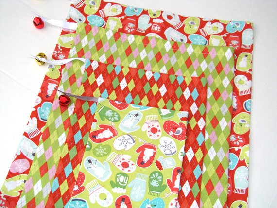 Reusable Christmas Gift Bags - Set of Four - Designer Prints - Drawstrings with Jingle Bells - Perfect for an Eco-Friendly Christmas