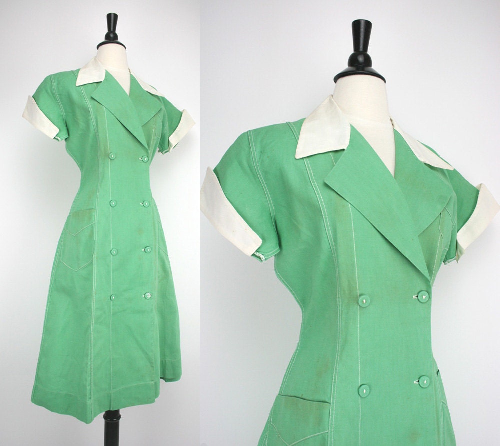 40s Dress Vintage Diner Waitress Green Authentic Uniform Heavy