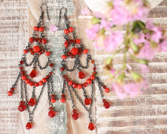 chandelier Earrings vintage Chandelier etsy Red Vintage Glass