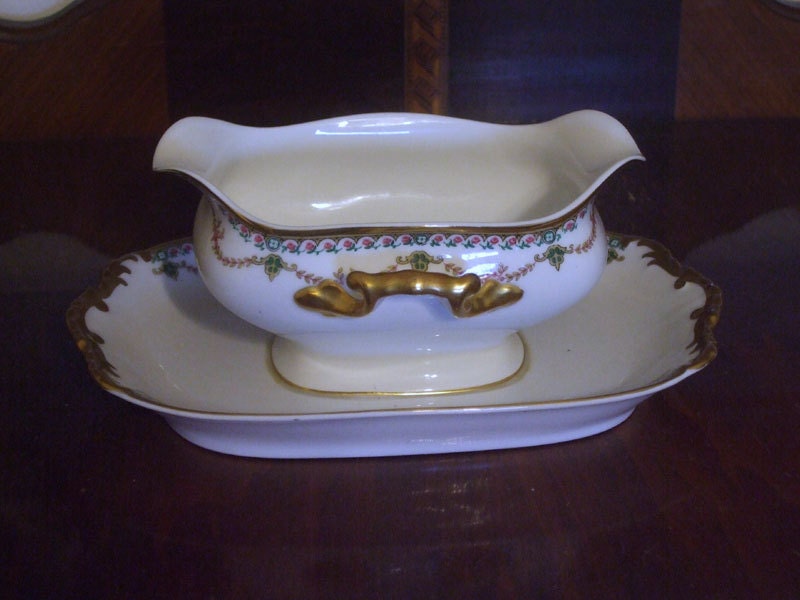 Vintage Vignaud Limoges France Porcelain Gravy Boat with Attached