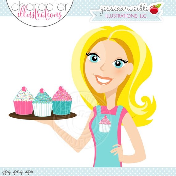 BLONDE Woman with Cupcakes, Cupcake Baker Character Illustration - Cute Cupcake Girl, Woman Wearing Apron Holding Cupcakes Il_570xn