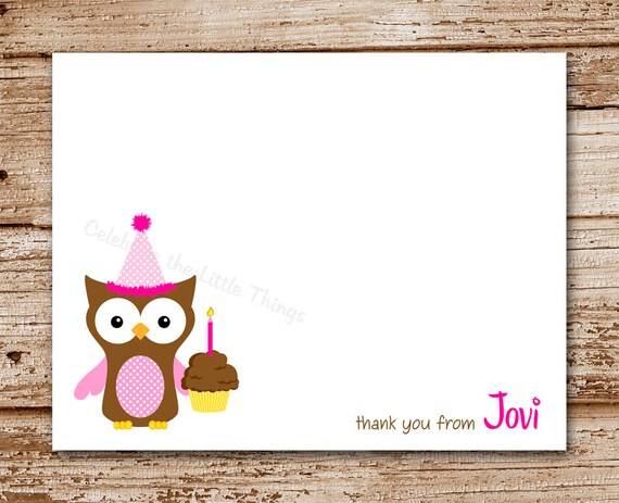 Set of 8 / Birthday Owl Thank You Cards for Girls / Note Cards / Notecards / Personalized Stationery / Cupcake (Pink) Il_570xn