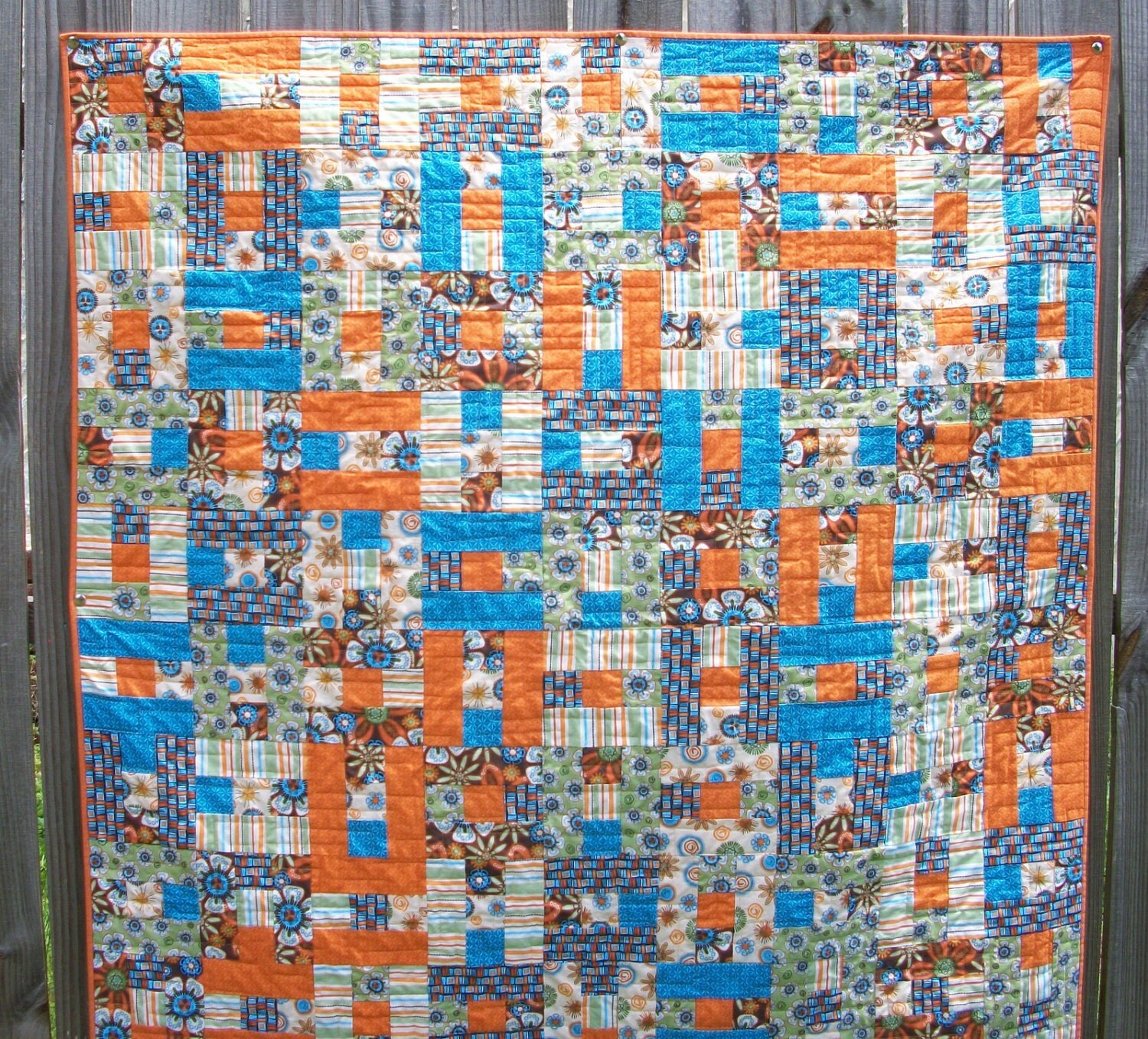 Throw Lap Quilt Orange Turquoise Green Brown by atthebrightspot