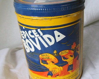 Rare Round Vintage French EPICES BOVIDA Tin Canister Spices EXOTIC / Exotiques / Banania colors