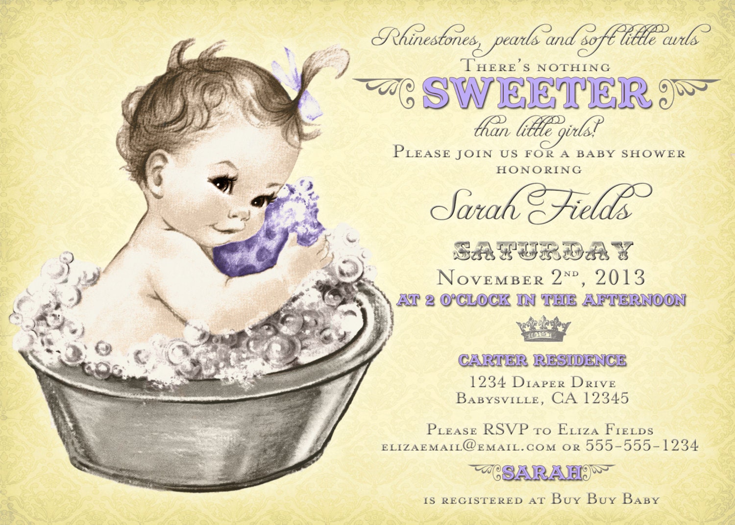 Vintage Baby Shower Invitation For Girl Baby Bath Lavender