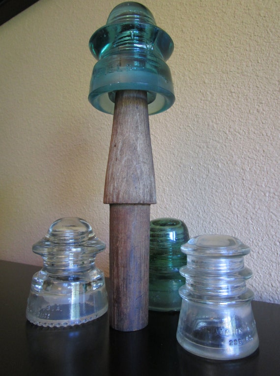 Four 4 ANTIQUE Telephone Pole Glass Insulators with Wood