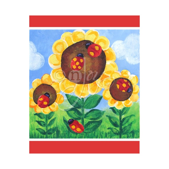  LADYBUG  SUNFLOWERS Girls Room Wall Art  PRINT 16x20 Floral