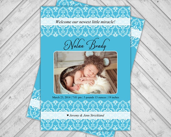 Baby Boy Announcement Photo Cards, Newborn Birth Announcements, Blue with White Lace, Printable or Printed (168) Il_570xn