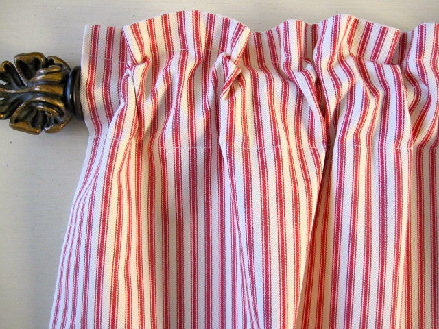 Red Woven Cotton Ticking Stripe Curtain Valance or Cafe 50 x