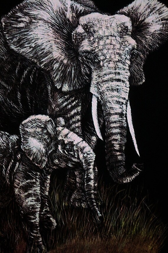 Scratch Art Elephant and Baby Black and White Art Scratch