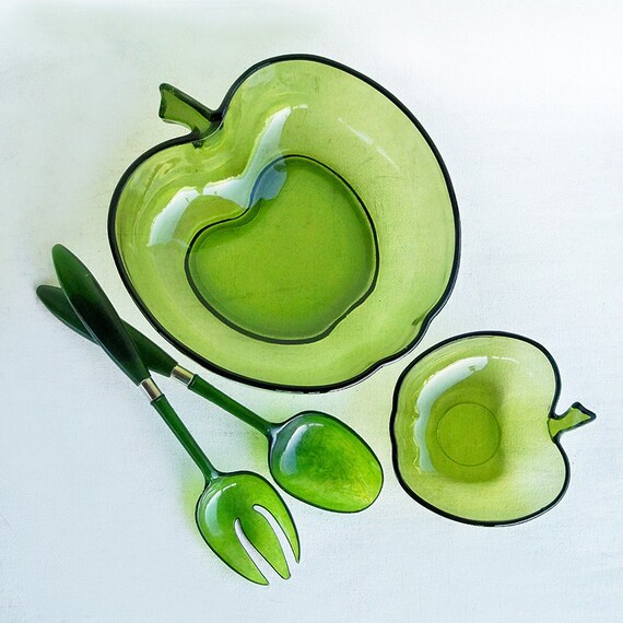 Mid Century Green Apple Shaped Glass Serving Bowl Set
