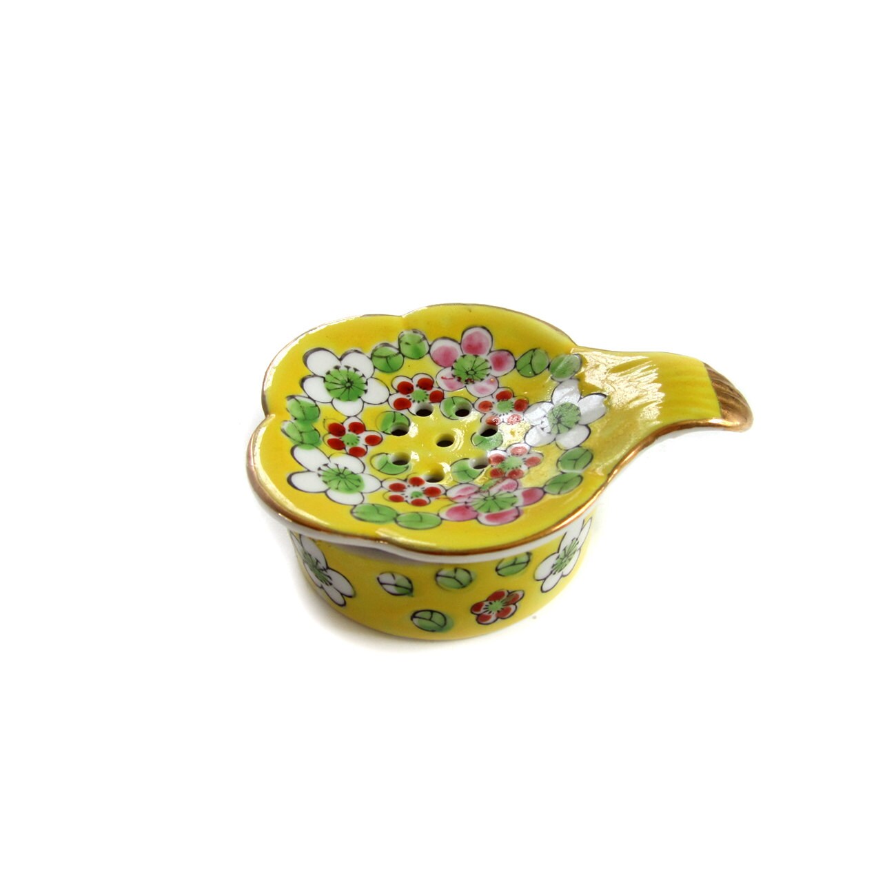 Vintage Porcelain Tea Strainer with Dish and Gold Trim