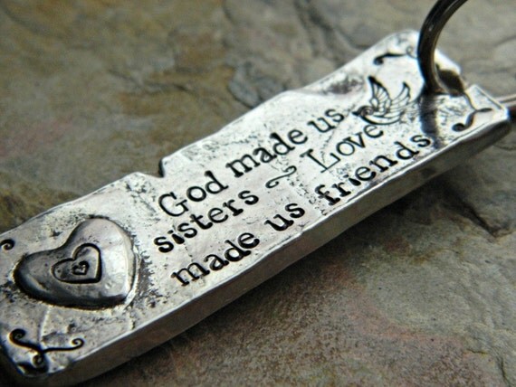 Handstamped Sisters Keychain - Hand Cast Pewter - Made in the USA - Sisters are Best Friends Keychain