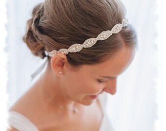 Rhinestone Bridal Headband, Jeweled Headband, Boho Halo Headband, Crystal Bridal Headpiece, Ribbon Wedding Headband, Head Piece, No. 4070HB