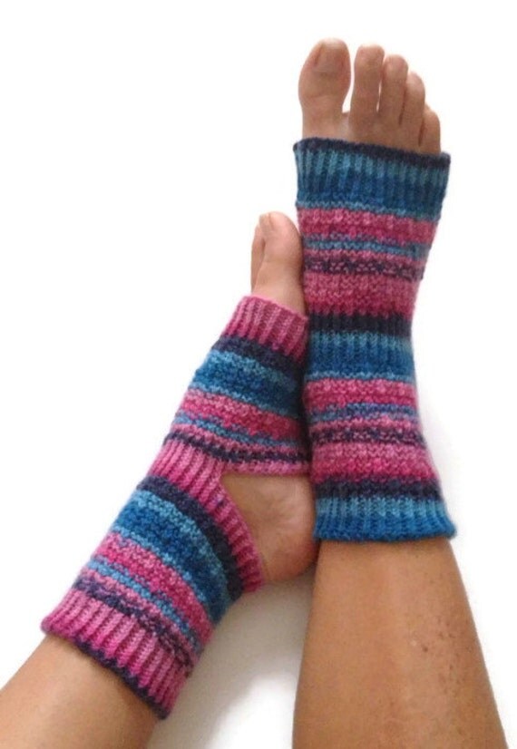 Yoga Socks Hand Knit in Pink and Blue Stripes Pedicure Pilates