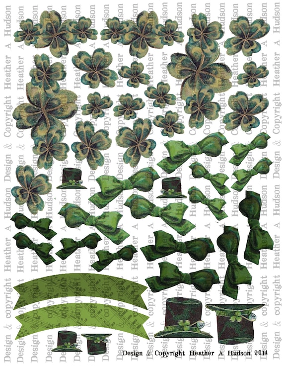 Victorian Vintage Green Shamrock, Banner, Hats, Bows St. Patrick's Day Irish Art Parts  Digital Collage sheet Printable