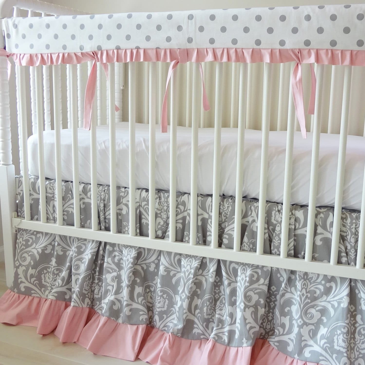 Ruffled Gray & Pink Damask Crib Rail baby Bedding set.