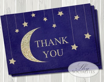 Twinkle Twinkle Little Star Baby Shower Thank You Card | Stars and Moon, Glitter, Gold, Navy Blue, Night Sky, Sparkle | DIY Printable