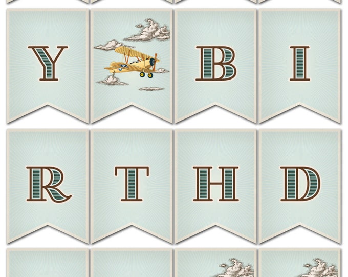 Happy Birthday Banner, Vintage Retro Airplane, Instant Download, Print Your Own