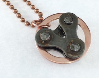 Copper circle and bicycle chain bike jewelry, bicycle necklace, bicycle part pendant, mountain bike jewelry, bike gifts