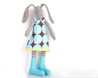 Rabbbit cloth doll , bunny plushie , ragdoll easter bunny - eco knitted silk stuffed bunny doll - rabbit in retro brown blue dress & socks
