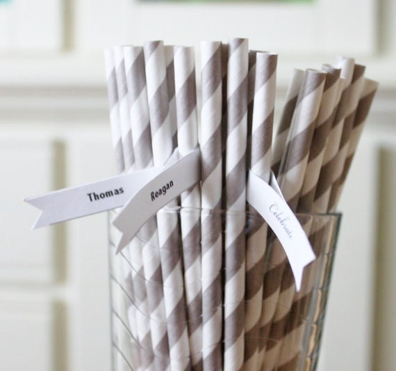 25 Gray Paper Straws, Grey Striped Paper Straws, Paper Goods, Wedding Birthday Bridal Baby Shower Made in the USA Il_570xn