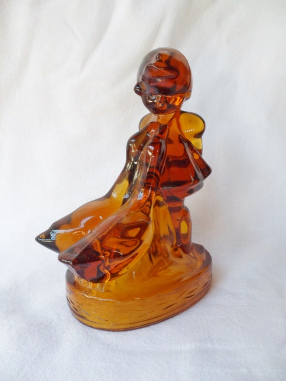 Vintage Amber Art Glass Hummel Girl Figurine with Geese by JleCROW