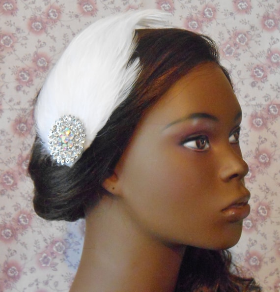 Glam Rhinestone Cream White Feather Hair Clip- Gatsby Wedding