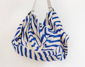 Stripe furoshiki bag (navy) & white leather carry strap set